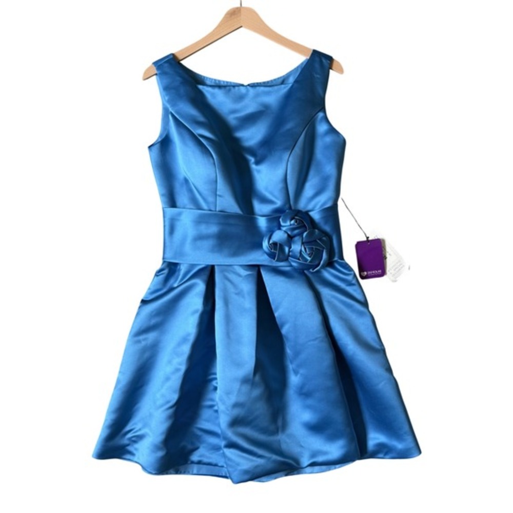 NWT JJs House Ocean Blue Satin A-Line Cocktail Dress‎ Rosette Waist Size 10